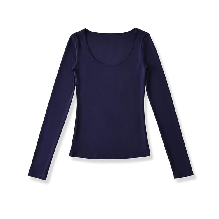 Ruched Plain Scoop Neck Long-Sleeved T-Shirt