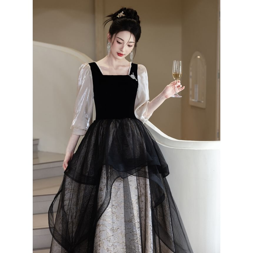 Panel A-Line Pearl Overlay Square Gown Trim (Various Jacquard Mesh Neck Faux Designs) Evening