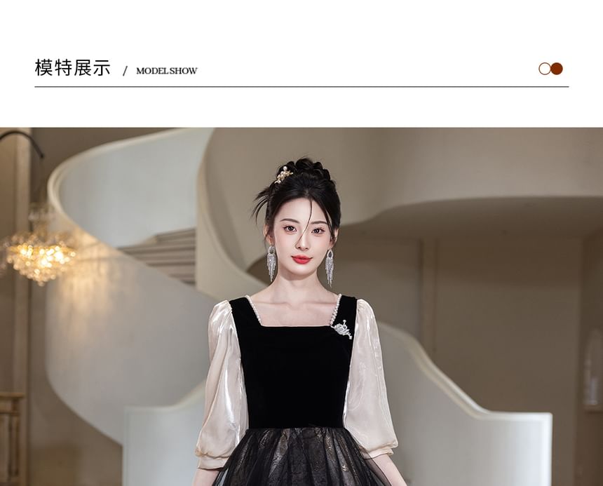 Square Neck Faux Pearl Trim Panel Mesh Overlay Jacquard A-Line Evening Gown (Various Designs)