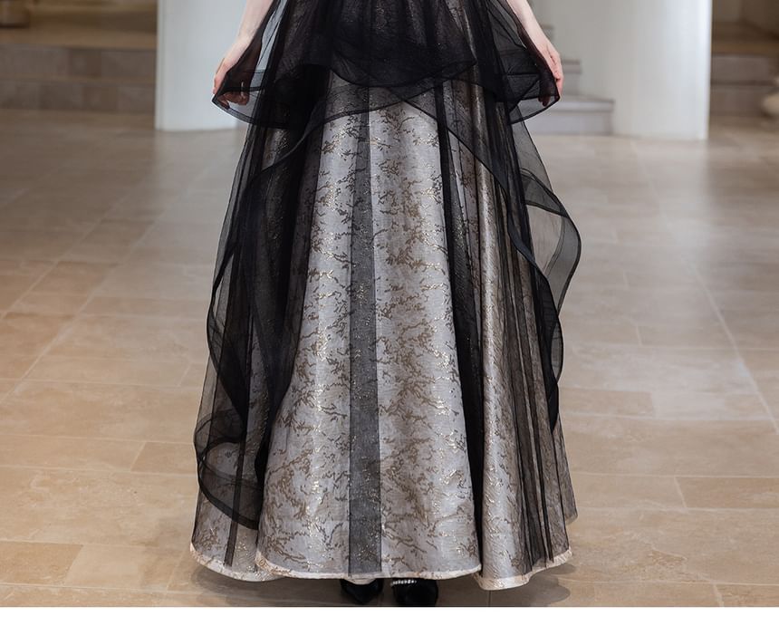 Panel A-Line Pearl Overlay Square Gown Trim (Various Jacquard Mesh Neck Faux Designs) Evening