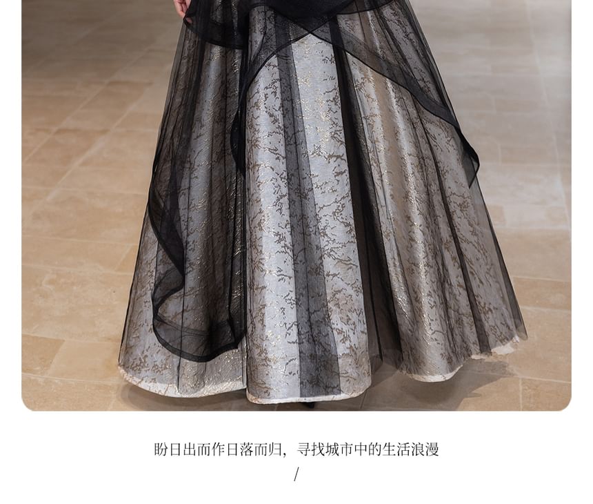 Panel A-Line Pearl Overlay Square Gown Trim (Various Jacquard Mesh Neck Faux Designs) Evening