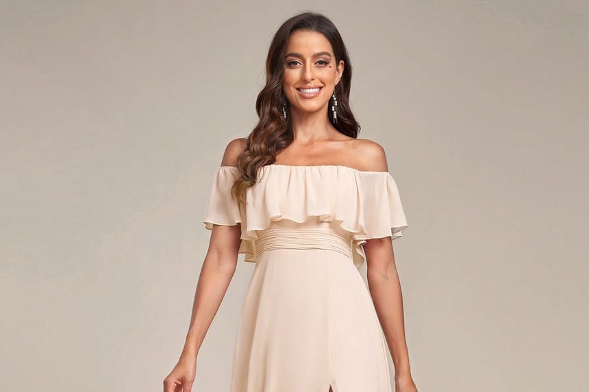 Evening Gown Off Trim Slit Ruffle A-Line Plain Shoulder