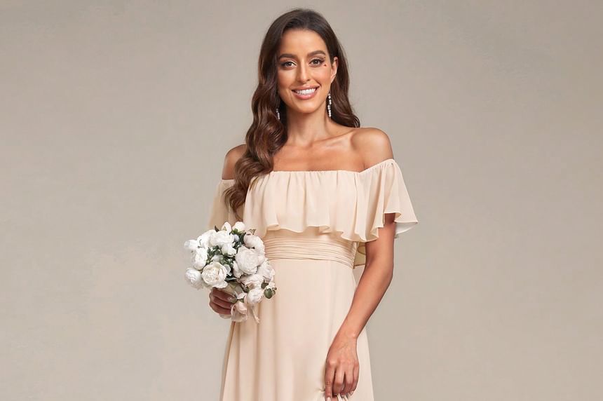 Evening Gown Off Trim Slit Ruffle A-Line Plain Shoulder