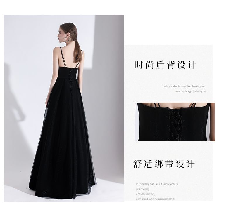 A-Line V-Neck Gown Spaghetti Evening Plain Strap