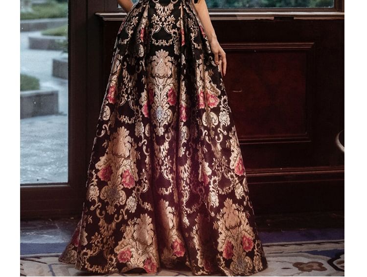 Sleeveless Floral A-Line Evening Print Gown