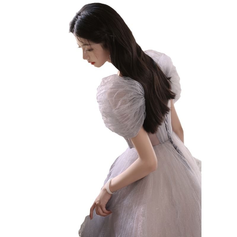 A-Line Gown Short-Sleeve Evening Mesh