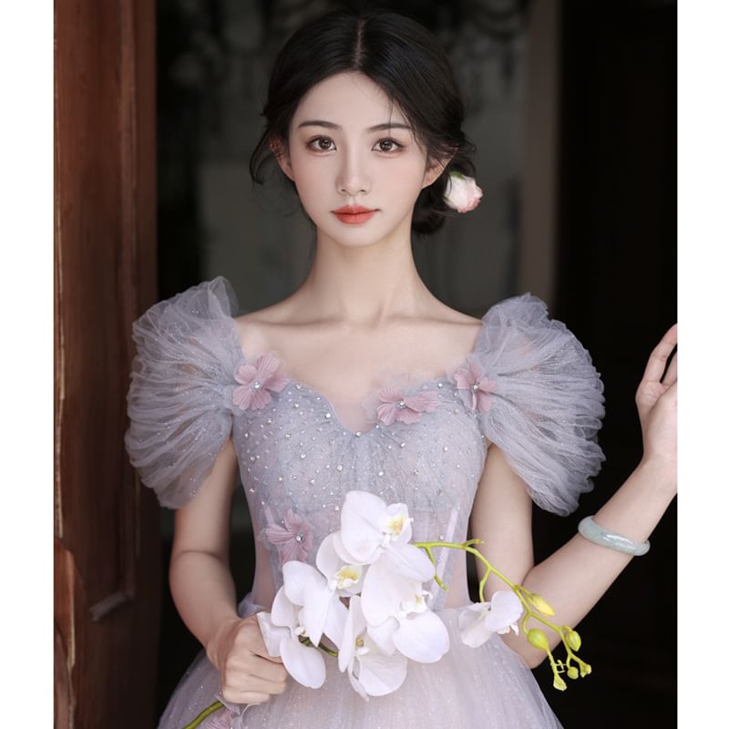 A-Line Gown Short-Sleeve Evening Mesh