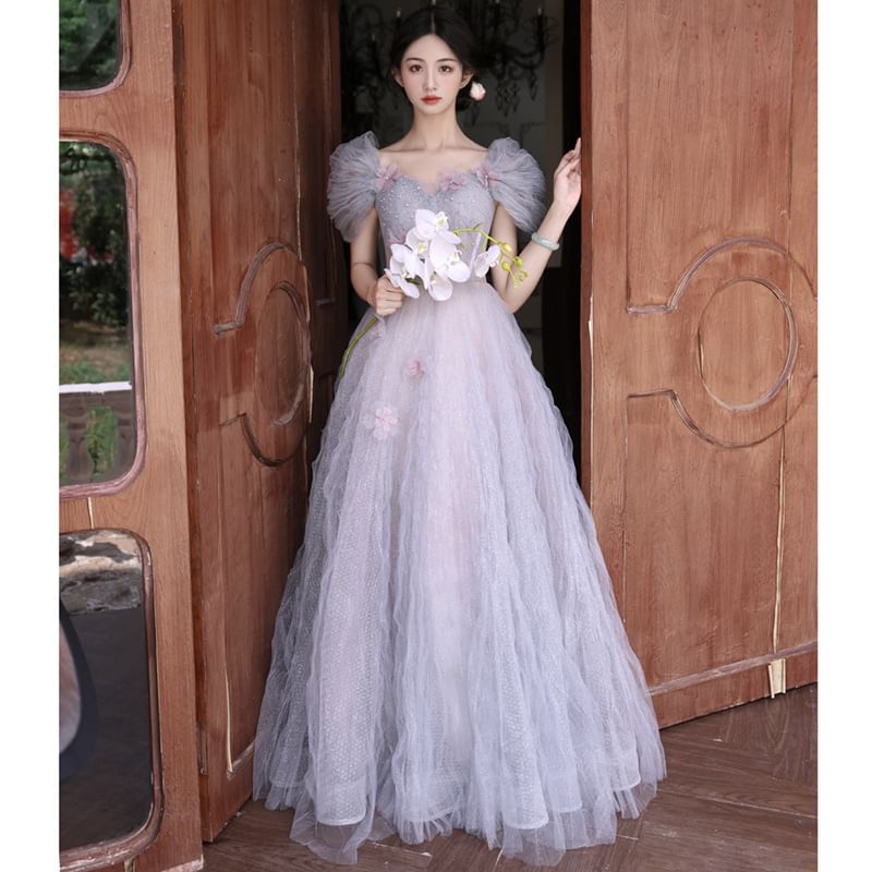 A-Line Gown Short-Sleeve Evening Mesh