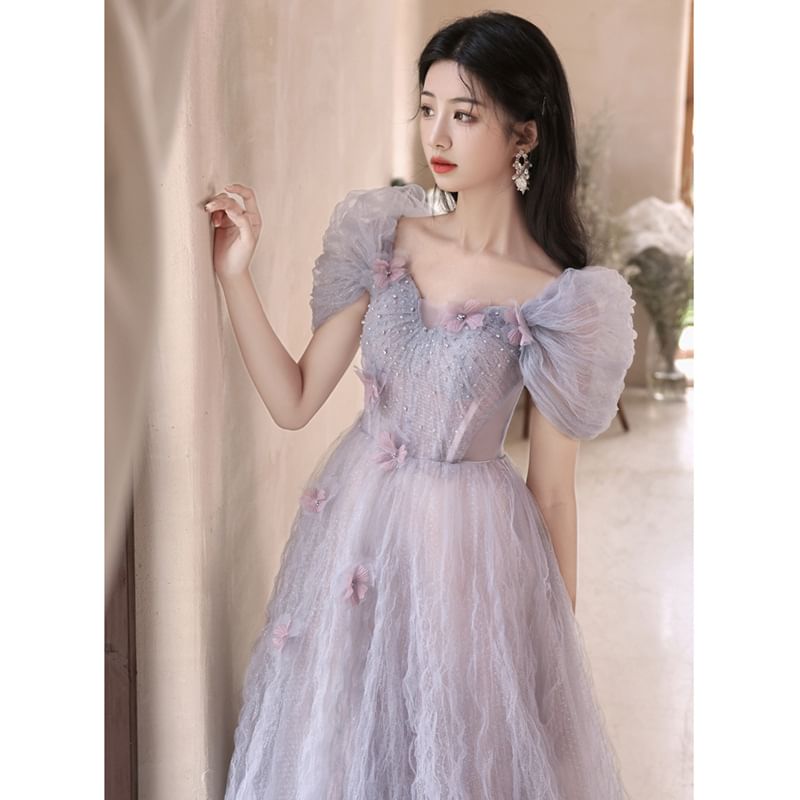 A-Line Gown Short-Sleeve Evening Mesh