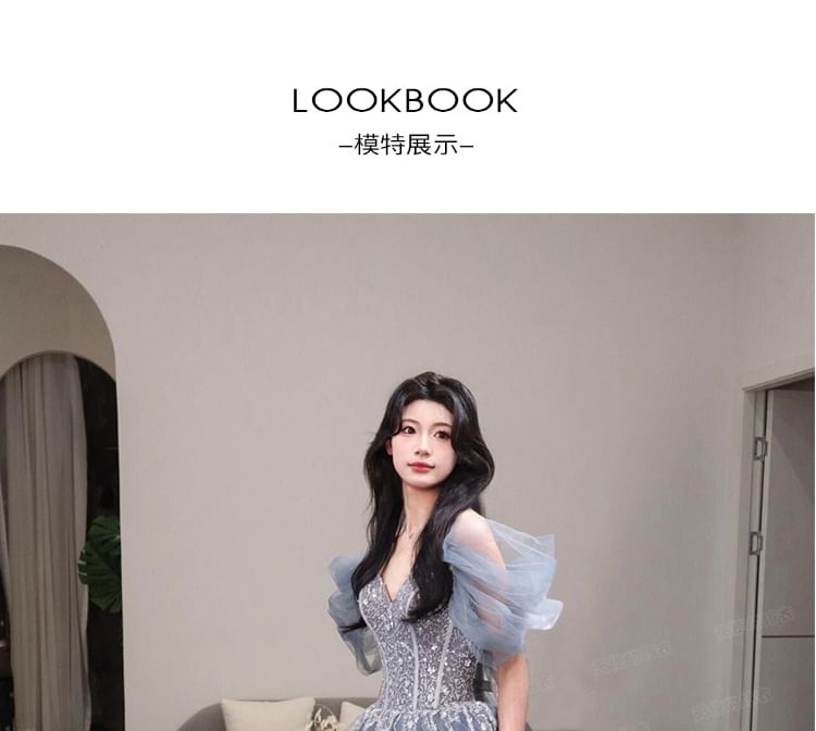 V-Neck Gown Evening Short-Sleeve Mesh A-Line Ball