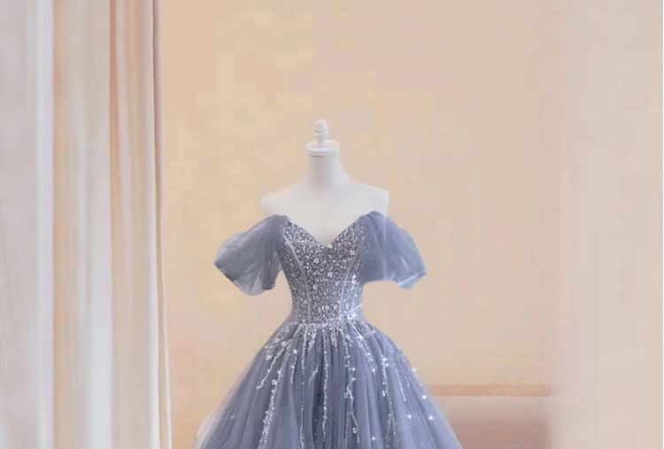 V-Neck Gown Evening Short-Sleeve Mesh A-Line Ball