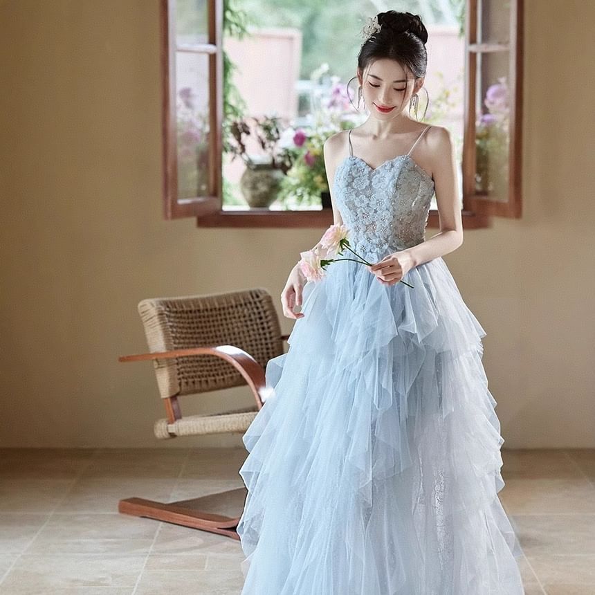 A-Line Strap Evening Spaghetti Gown Lace