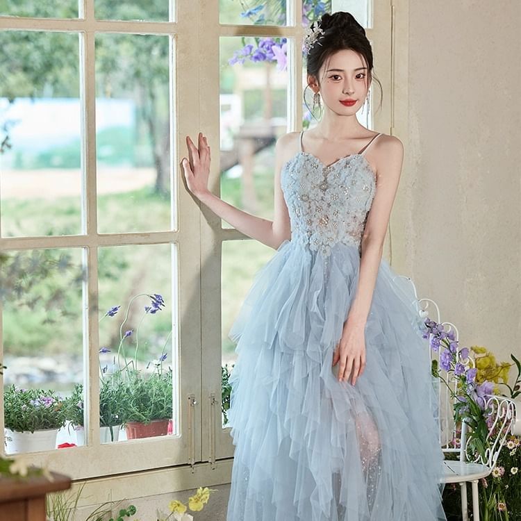 A-Line Strap Evening Spaghetti Gown Lace