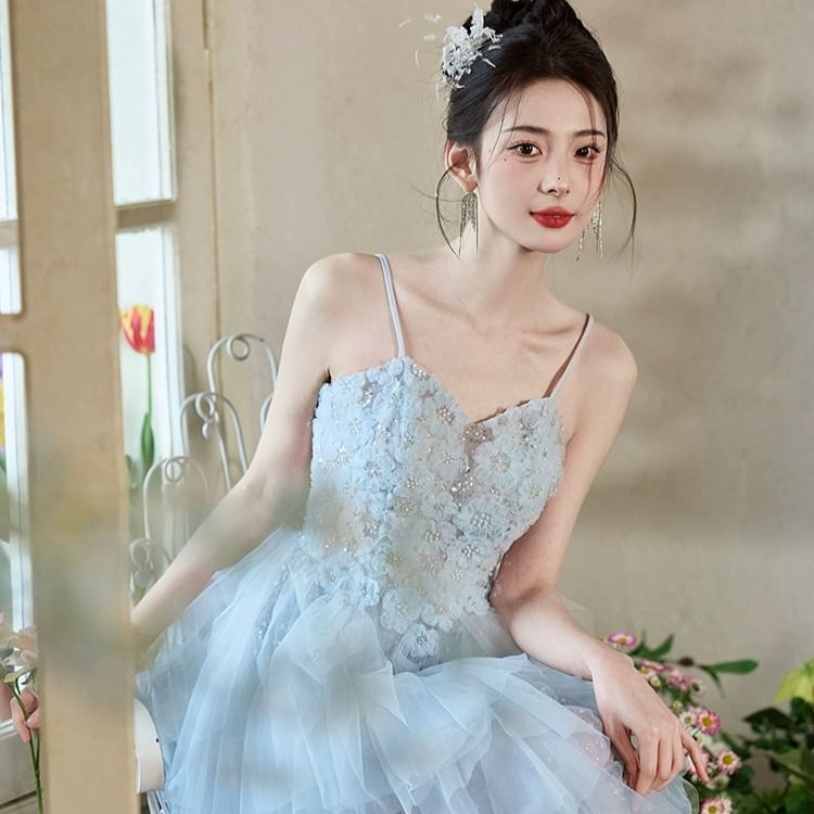 A-Line Strap Evening Spaghetti Gown Lace