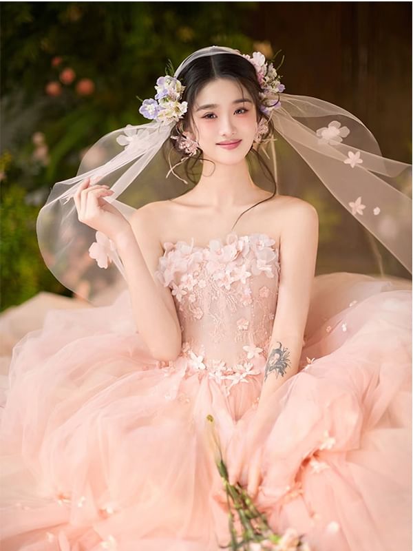 Plain Set / Veil Ball Gown Floral Strapless
