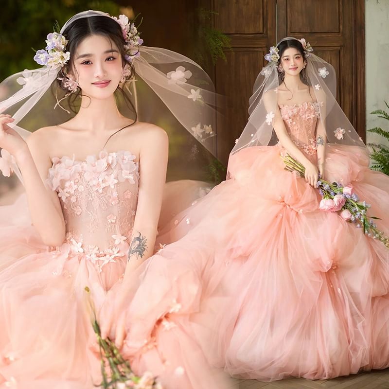Plain Set / Veil Ball Gown Floral Strapless
