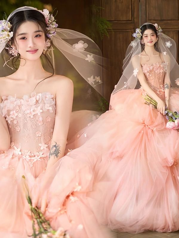Plain Set / Veil Ball Gown Floral Strapless