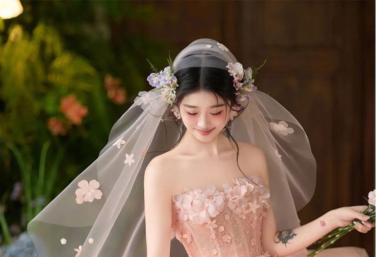 Plain Set / Veil Ball Gown Floral Strapless