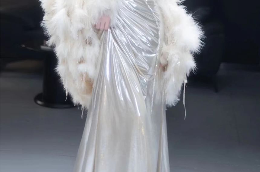 Set A-Line Spaghetti Metallic Gown Strap Plain / Shawl Evening Fluffy Ruched