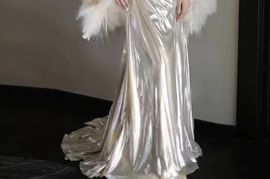 Spaghetti Strap Plain Metallic Ruched A-Line Evening Gown / Fluffy Shawl / Set