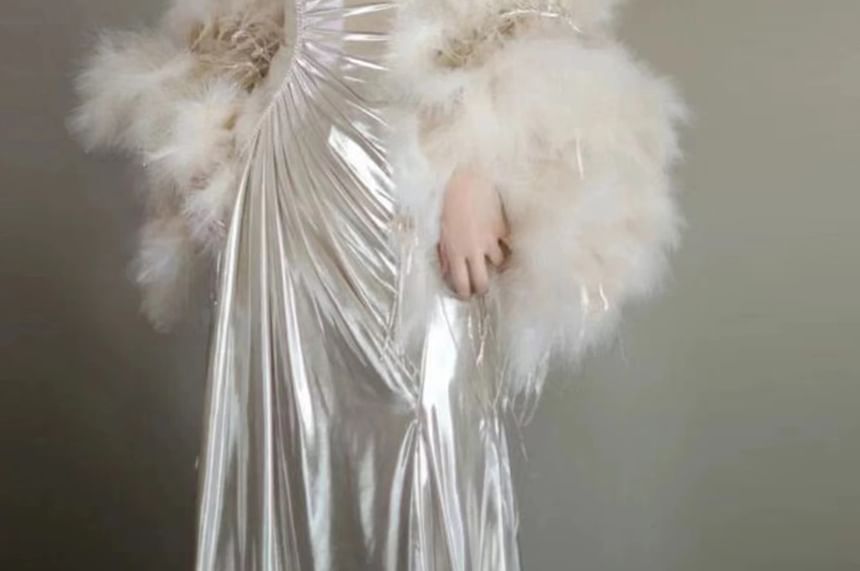 Set A-Line Spaghetti Metallic Gown Strap Plain / Shawl Evening Fluffy Ruched