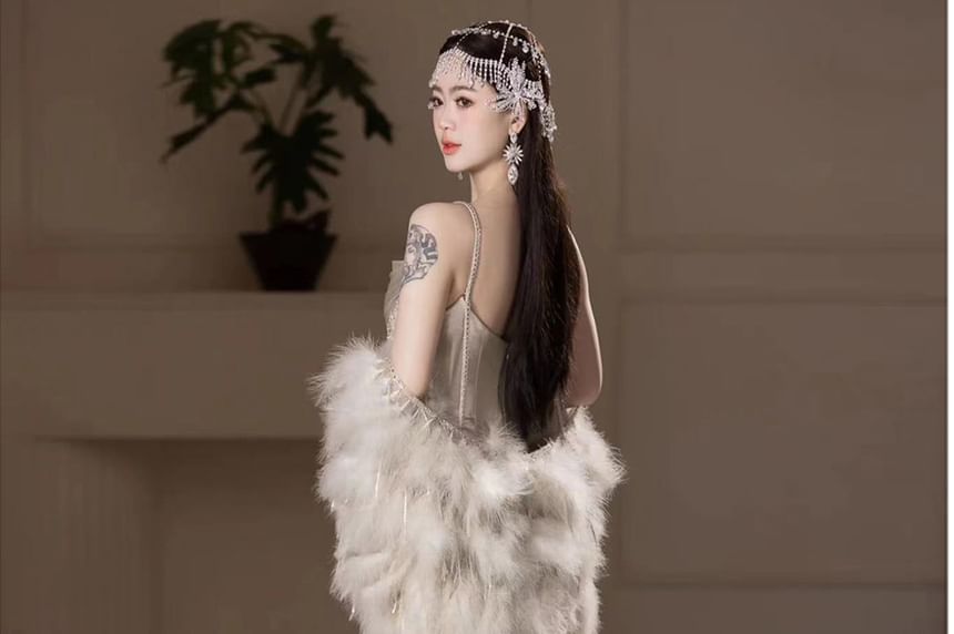 Spaghetti Strap Plain Metallic Ruched A-Line Evening Gown / Fluffy Shawl / Set