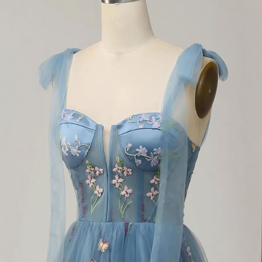 Sleeveless Embroidered Gown Evening A-Line Mesh Floral