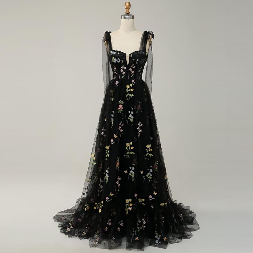 Sleeveless Embroidered Gown Evening A-Line Mesh Floral