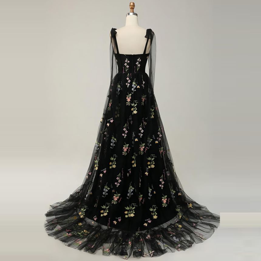 Sleeveless Embroidered Gown Evening A-Line Mesh Floral
