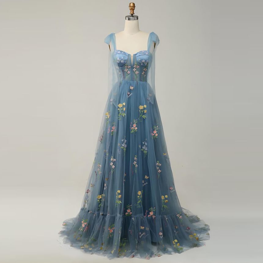 Sleeveless Embroidered Gown Evening A-Line Mesh Floral