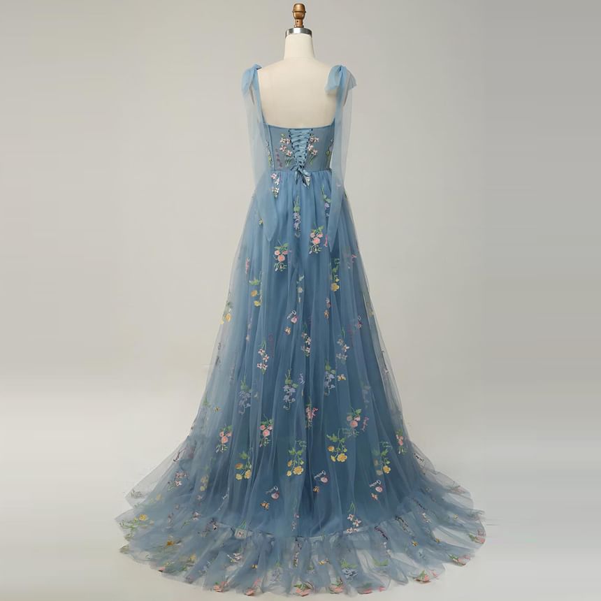 Sleeveless Embroidered Gown Evening A-Line Mesh Floral