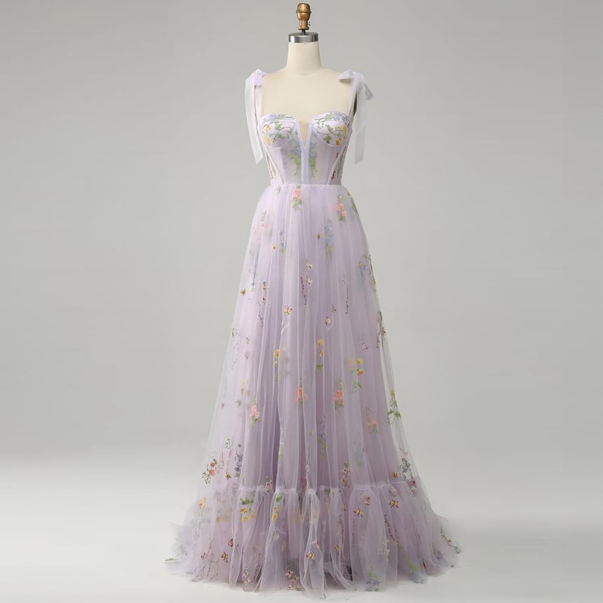 Sleeveless Embroidered Gown Evening A-Line Mesh Floral