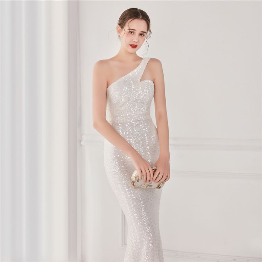 Mermaid Sleeveless Evening Gown One-Shoulder Sequin