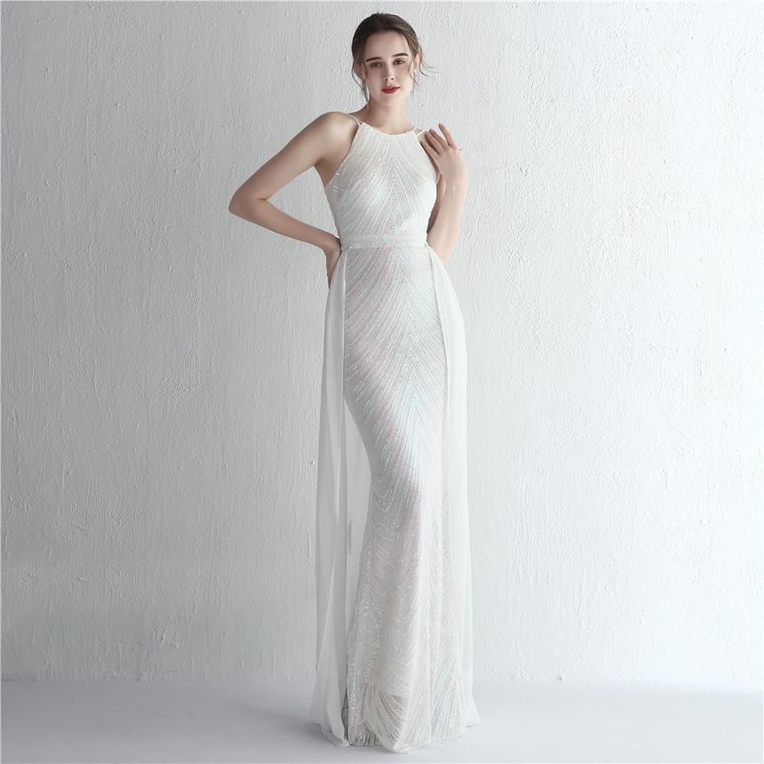 Strap Evening Gown Sheath Spaghetti Sequin