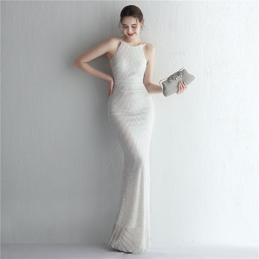 Strap Evening Gown Sheath Spaghetti Sequin