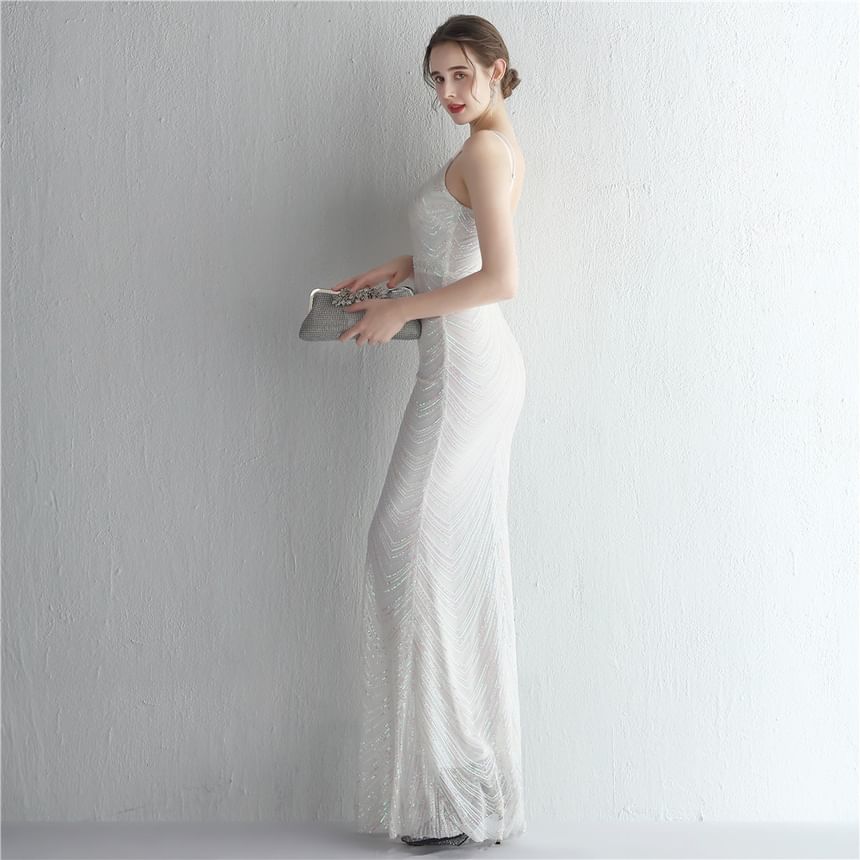 Strap Evening Gown Sheath Spaghetti Sequin