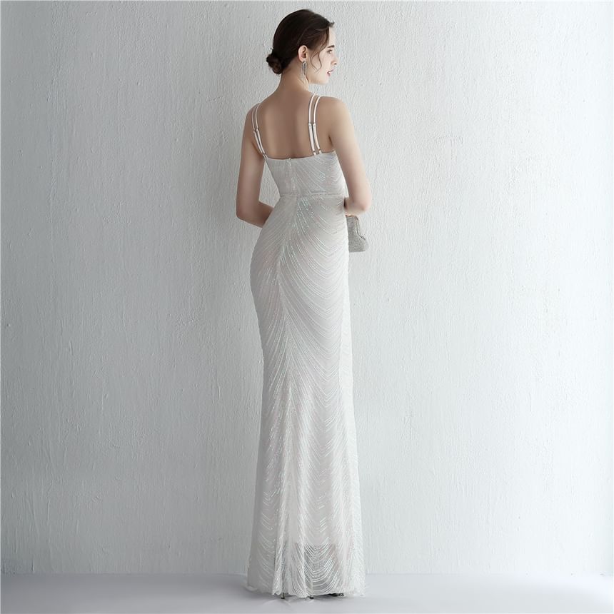 Strap Evening Gown Sheath Spaghetti Sequin