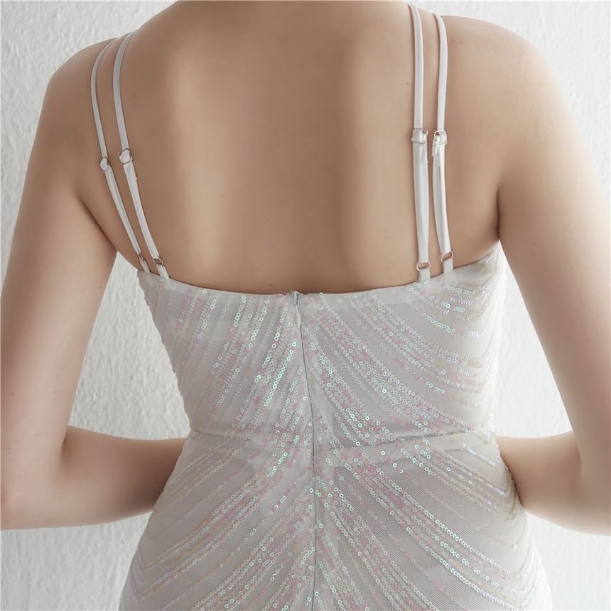 Strap Evening Gown Sheath Spaghetti Sequin