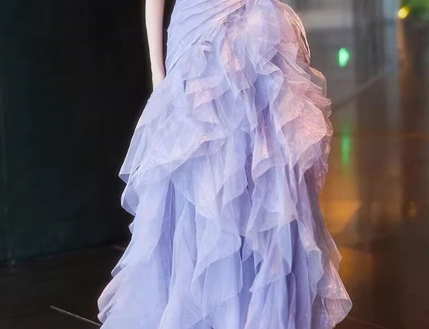 Panel A-Line Tiered Strapless Gown Mesh Evening