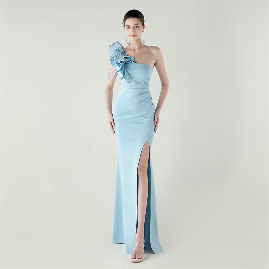 Gown Sleeveless One-Shoulder Trim Slit Evening Ruffle Plain Sheath