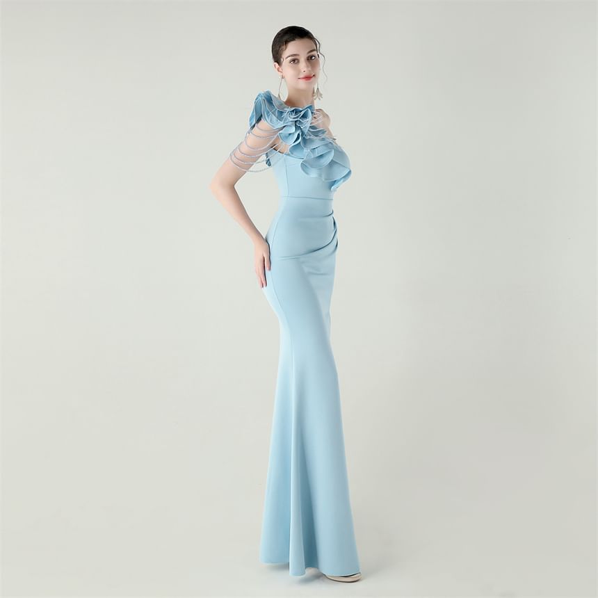 Gown Sleeveless One-Shoulder Trim Slit Evening Ruffle Plain Sheath