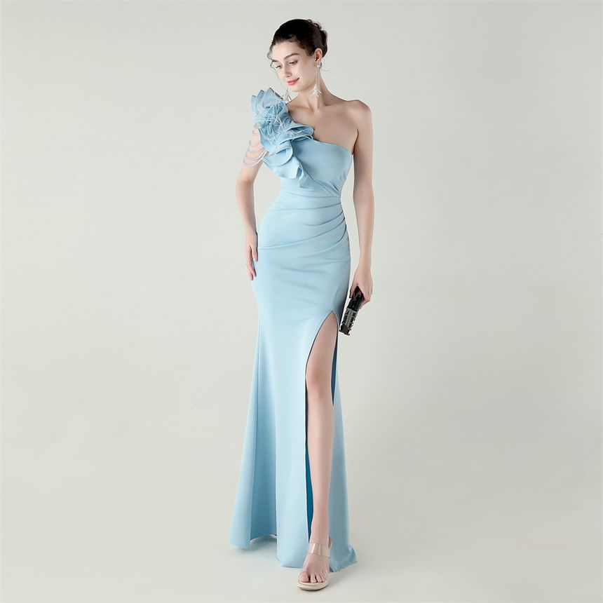 Gown Sleeveless One-Shoulder Trim Slit Evening Ruffle Plain Sheath