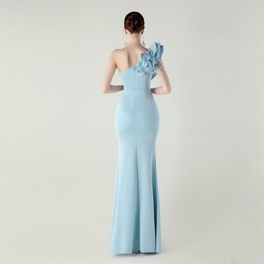 Gown Sleeveless One-Shoulder Trim Slit Evening Ruffle Plain Sheath