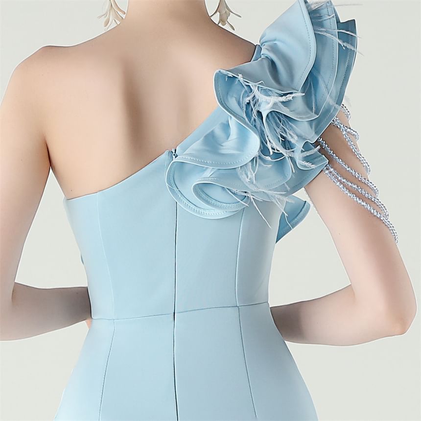 Gown Sleeveless One-Shoulder Trim Slit Evening Ruffle Plain Sheath