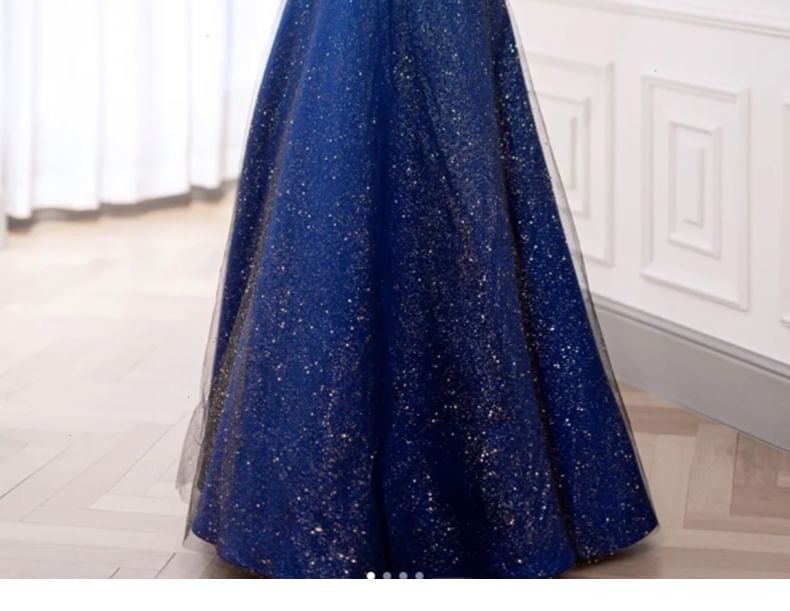 Glitter Plain Off Ruched A-Line Gown Short Shoulder Evening Mesh Sleeve