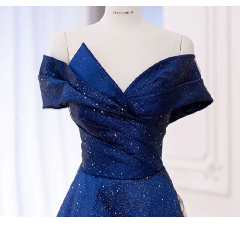 Glitter Plain Off Ruched A-Line Gown Short Shoulder Evening Mesh Sleeve