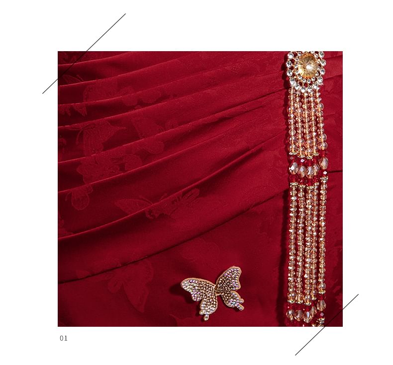 Beaded Trumpet Tube Jacquard Butterfly Applique Gown Evening