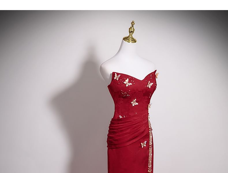 Beaded Trumpet Tube Jacquard Butterfly Applique Gown Evening