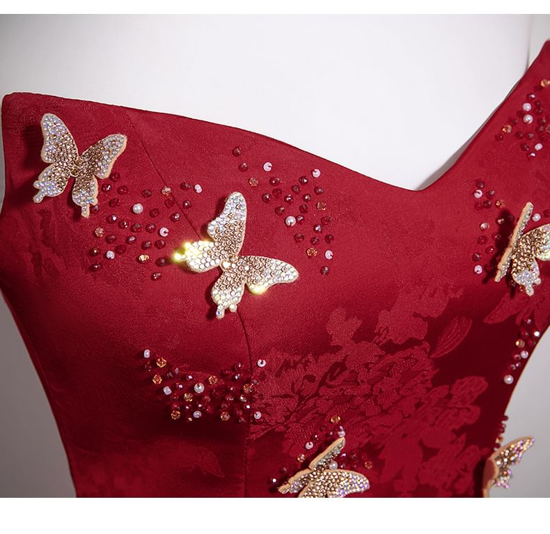 Beaded Trumpet Tube Jacquard Butterfly Applique Gown Evening