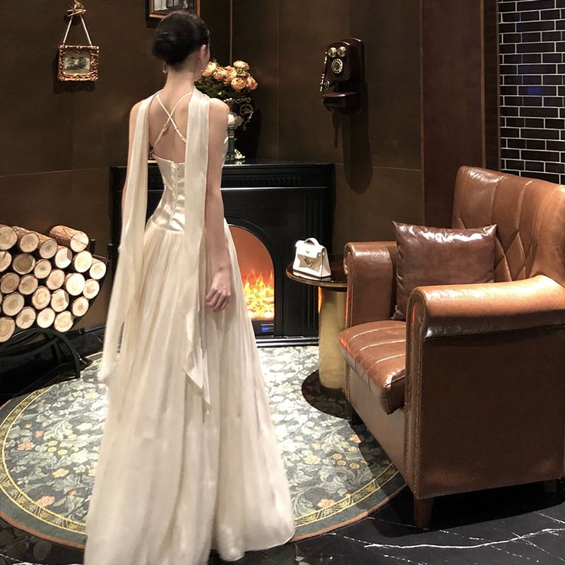 Gown Sleeveless Tie-Neck Evening Plain Halter A-Line